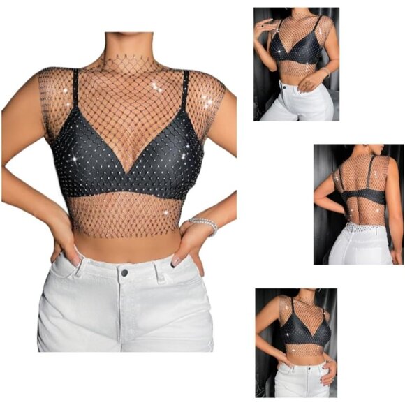 🆕Women Black Polyester Glitter Tank Top Sexy Mesh Rhinestone Hollow Crop Top - Picture 3 of 8